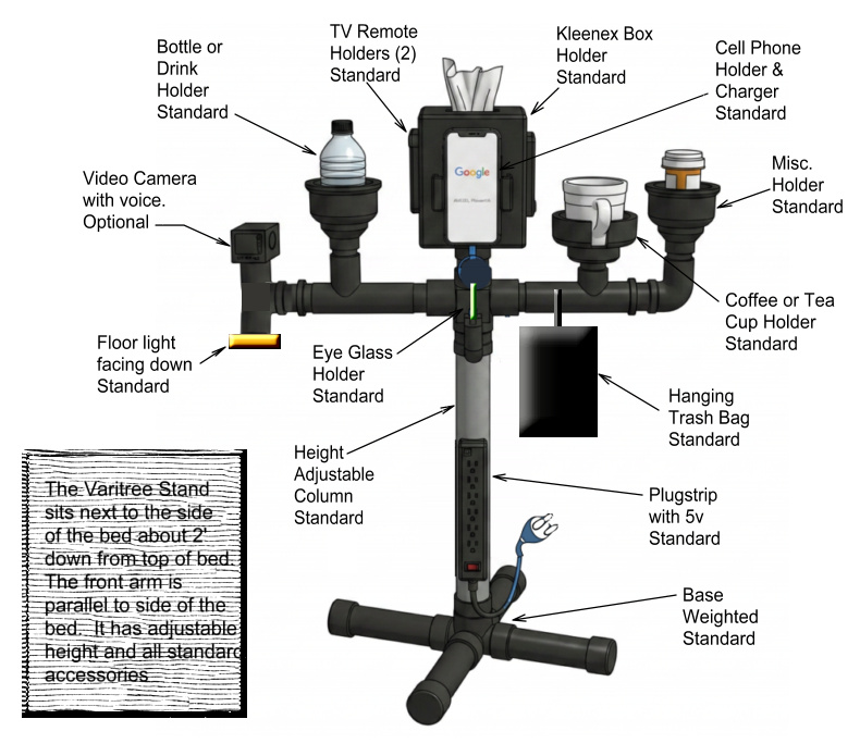 VariTree stand with all standard accessories labeled